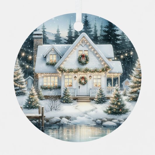  Feestelijk Huis op een Frozen Lake Christmas Metalen Ornament (Voorkant)