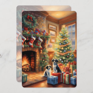 Feestelijk ingerichte kamer, open haard, honden, v