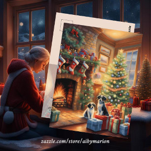 Feestelijk ingerichte kamer, open haard, honden, v briefkaart