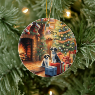 Feestelijk ingerichte kamer, open haard, honden, v keramisch ornament