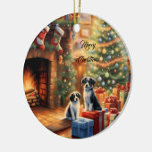 Feestelijk ingerichte kamer, open haard, honden, v keramisch ornament (Links)