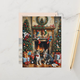Feestelijk ingerichte kamer, open haard, poezen, v feestdagenkaart