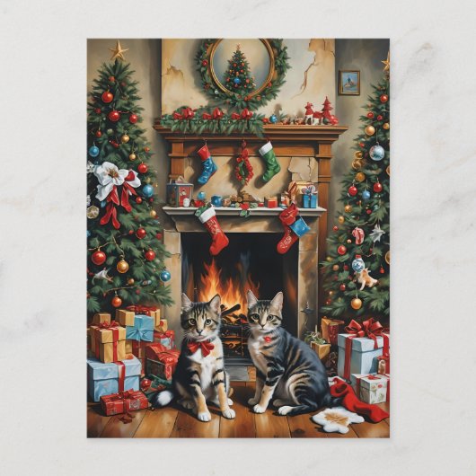 Feestelijk ingerichte kamer, open haard, poezen, v feestdagenkaart (Voorkant)