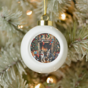 Feestelijk ingerichte kamer, open haard, poezen, v keramische bal ornament