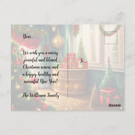 Feestelijk ingerichte kamer, traditionele kerst briefkaart (Achterkant)