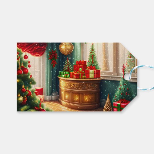 Feestelijk ingerichte kamer, traditionele kerst cadeaulabel (Voorkant (Horizontaal))