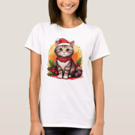 Feestelijk Kat in rood Pet en kraag T-shirt