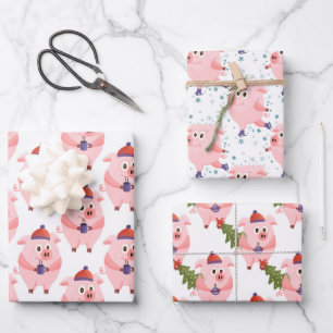 Feestelijk kerst varkens inpakpapier vellen