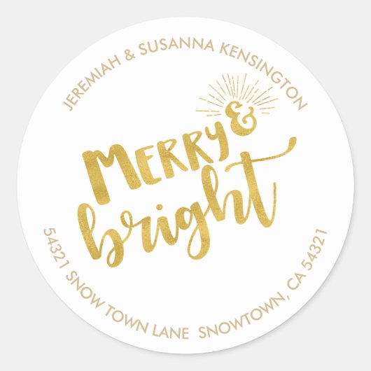 Feestelijk Kerst Vrolijk Helder Goud Folie Adres Ronde Sticker (Voorkant)