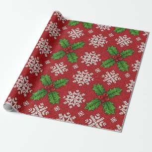 Feestelijk kerstpatroon met hulst en sneeuwvlok - cadeaupapier