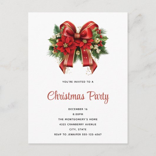 Feestelijk rood en goud Kerstmis Bow Party Uitnodiging Briefkaart (Voorkant)