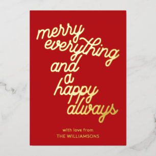 Feestelijk rood script vrolijk alles kerstgoud folie feestdagenkaart