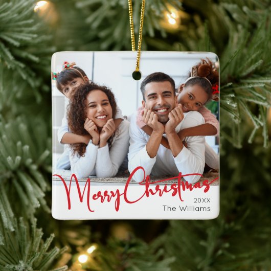 Feestelijk rood script Vrolijk Kerstfeest Keramisch Ornament (Boom)