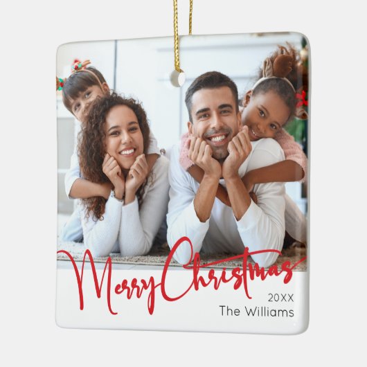 Feestelijk rood script Vrolijk Kerstfeest Keramisch Ornament (Links)