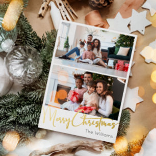 Feestelijk Script Twee-foto Merry Christmas Gold Folie Feestdagen Briefkaart