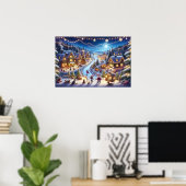 Feestelijk winter kerstdorp 's nachts poster (Thuiskantoor)