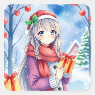 Feestelijke Anime Girl Kerstmis Vierkante Sticker