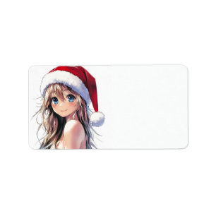 Feestelijke Anime Girl Santa Hat met felblauwe oge Etiket