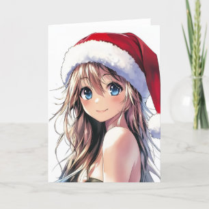 Feestelijke Anime Girl Santa Hat met felblauwe oge Feestdagen Kaart