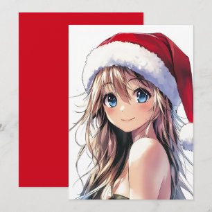 Feestelijke Anime Girl Santa Hat met felblauwe oge Feestdagenkaart