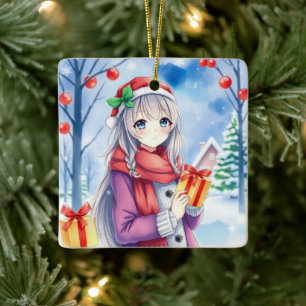 Feestelijke anime meisje in grillige dorp kerst keramisch ornament
