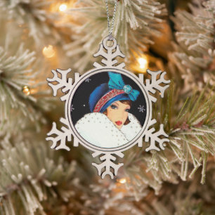 feestelijke art deco retro lady tin sneeuwvlok ornament