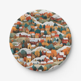 Feestelijke Autumn Paper Collage Village Papieren Bordje