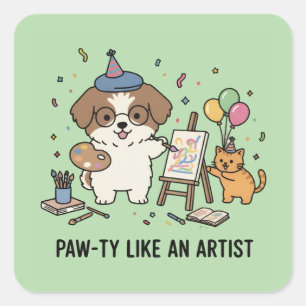 Feestelijke Beagle-schilder en kattengezel Kunst Vierkante Sticker