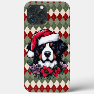 Feestelijke Berner Hond met Santa Hat en Florals iPhone 13 Pro Max Hoesje