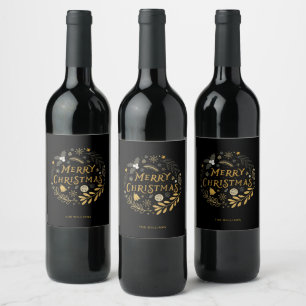 Feestelijke Black & Gold vrolijke kerst Wijn Etiket