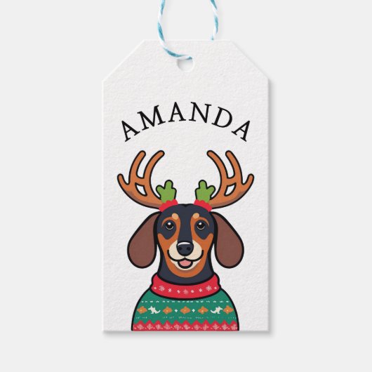 Feestelijke Black Teckel Kerstnaam Cadeaulabel (Voorkant)