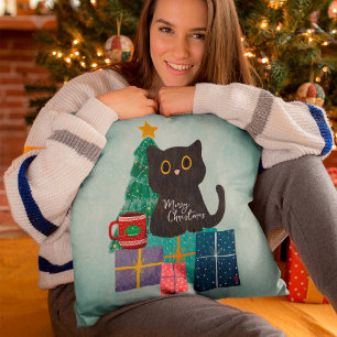 Feestelijke Blauwe Cute Kat Koffie Prettig Kerstfe Kussen