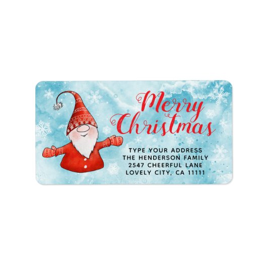 Feestelijke Blauwe en Rode Schattigee Gnoom Vrolij Etiket (Voorkant)