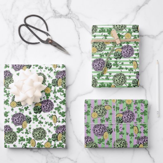 Feestelijke Bloemen Groene Klavers Munten St Patri Inpakpapier Vel (Voorkant)