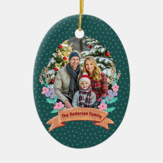 Feestelijke Bloemenkrans Kerstgroene Foto Keramisch Ornament (Voorkant)