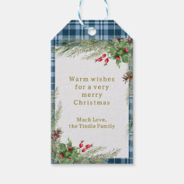 Feestelijke Blue Gingham met Holly Christmas Cadeaulabel