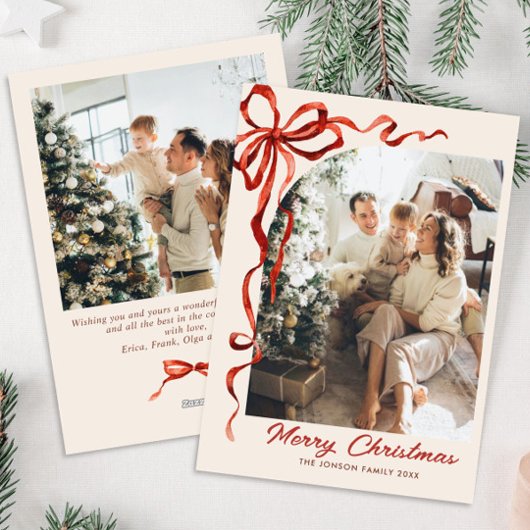 Feestelijke Boho Kerst Red Bow Ribbon 2 Foto Feestdagenkaart