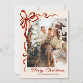Feestelijke Boho Kerst Red Bow Ribbon 2 Foto Feestdagenkaart (Voorkant)
