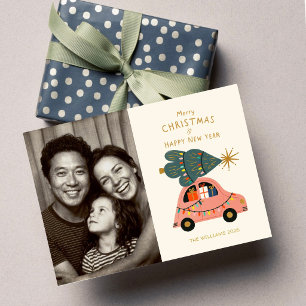 Feestelijke boom op auto familie kerst foto Kaart