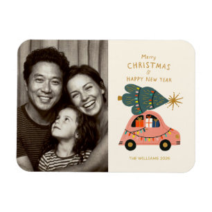     Feestelijke boom op auto familie kerst foto  Magneet