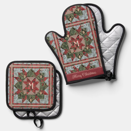 Feestelijke bosdieren Patchwork monogrammed Ovenwant & Pannenlap Set (Voorkant / Achterkant)