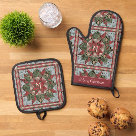 Feestelijke bosdieren Patchwork monogrammed Ovenwant & Pannenlap Set (Top down)