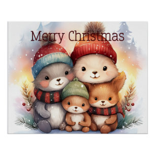 Feestelijke bosdierenfamilie vrolijk kerstfeest perfect poster