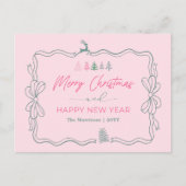 Feestelijke Bow & Trees Doodle Pink Holiday Briefk Feestdagenkaart (Voorkant)