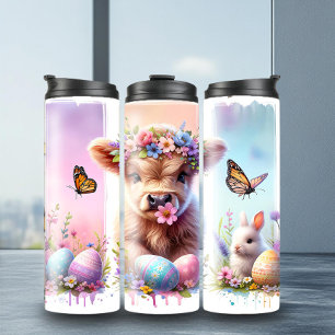 Feestelijke Brushstroke Paas Highland Koe Tumbler Thermosbeker