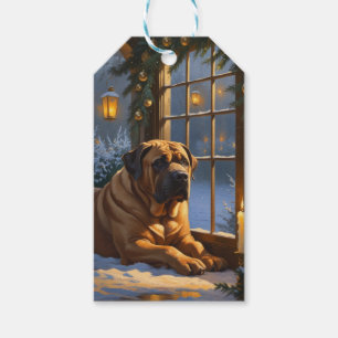Feestelijke Bullmastiff met kerstverlichting Vakan Cadeaulabel