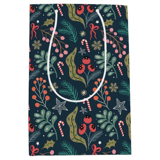 Feestelijke Candy Cane en Holly Pattern Medium Cadeauzakje (Voorkant)