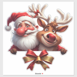 Feestelijke Cartoon Kerstman en Rendier Sticker