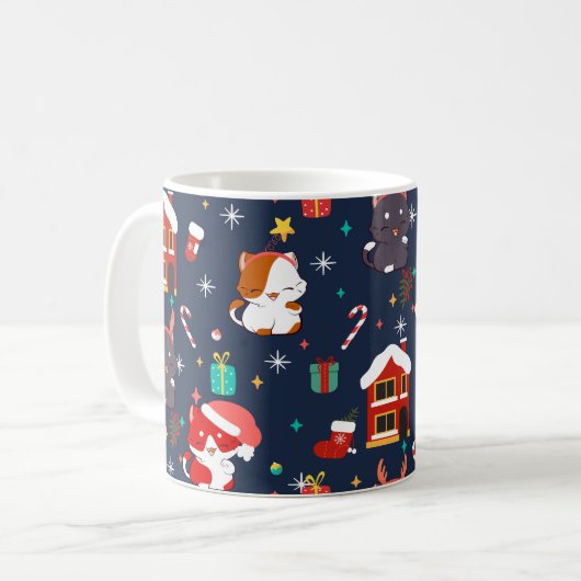Feestelijke Cartoon Santa Cat Celebration Koffiemok (Voorkant links)