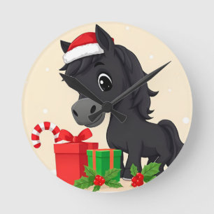 Feestelijke Cartoon Zwarte Paard Met Kerstman Hoed Ronde Klok